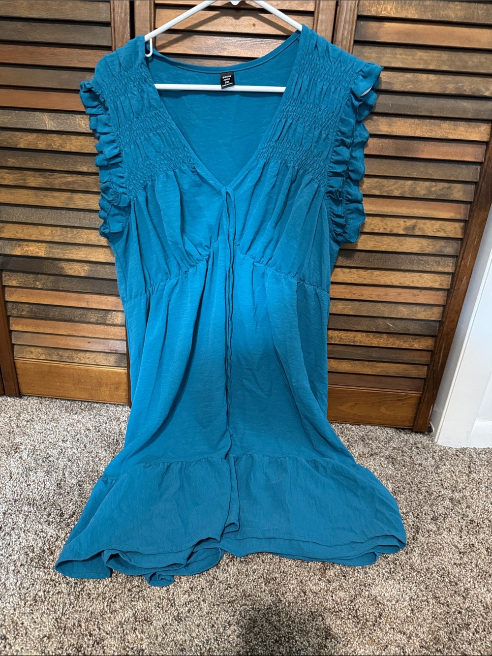 SHEIN Teal V-Neck Ruffle Sleeve Tunic Dress with Gathered Bodice
